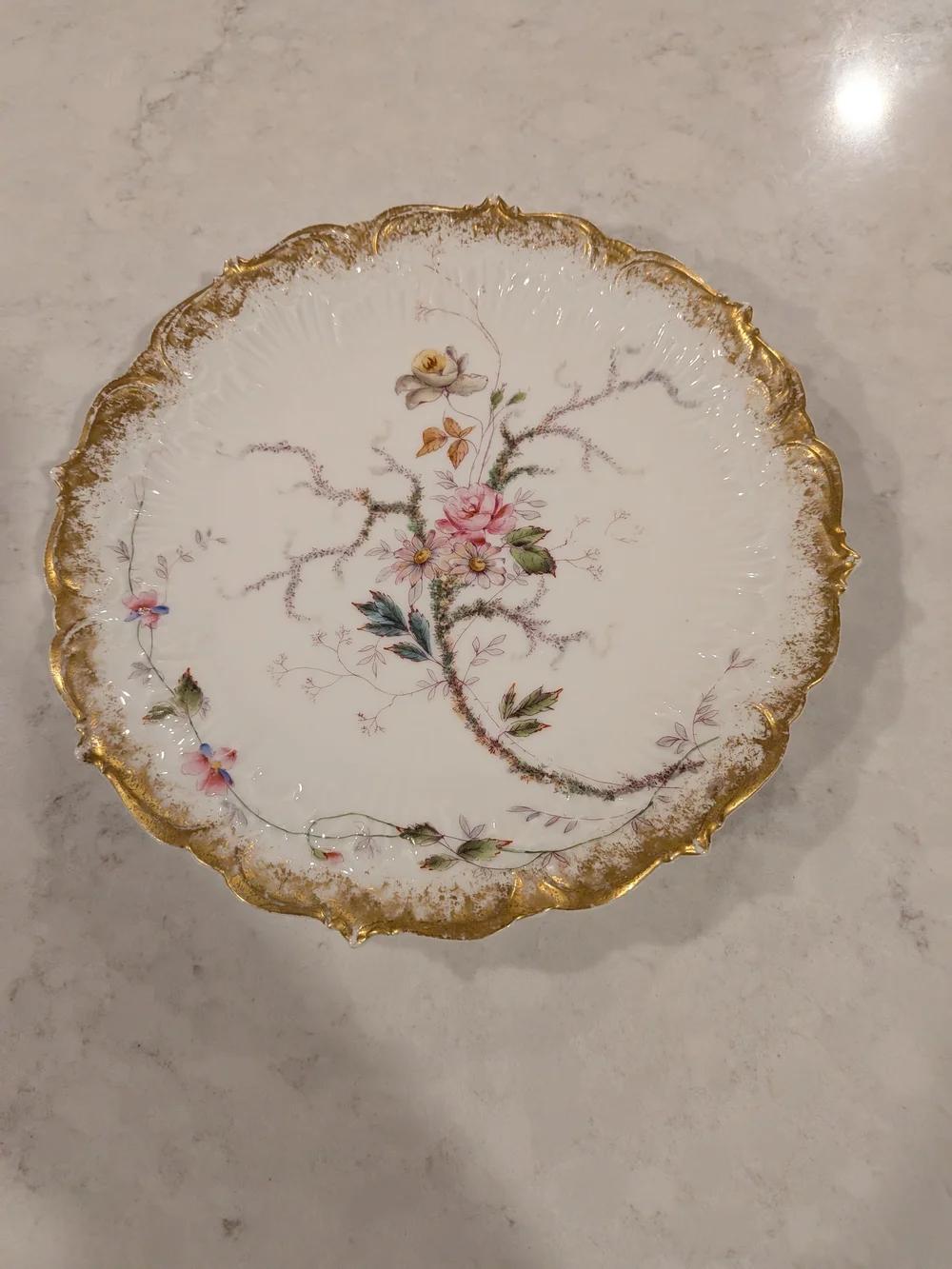 Limoges France White Porcelain Plate with Pink Floral Motif and Gold Trim